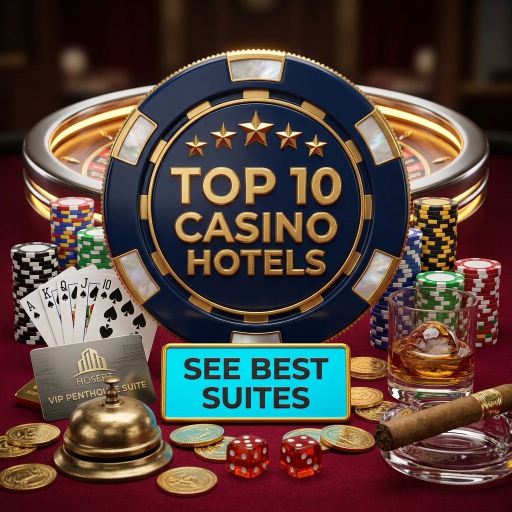 Top 10 Casino Hotels — ornate poker chip, cards, VIP suite and casino table